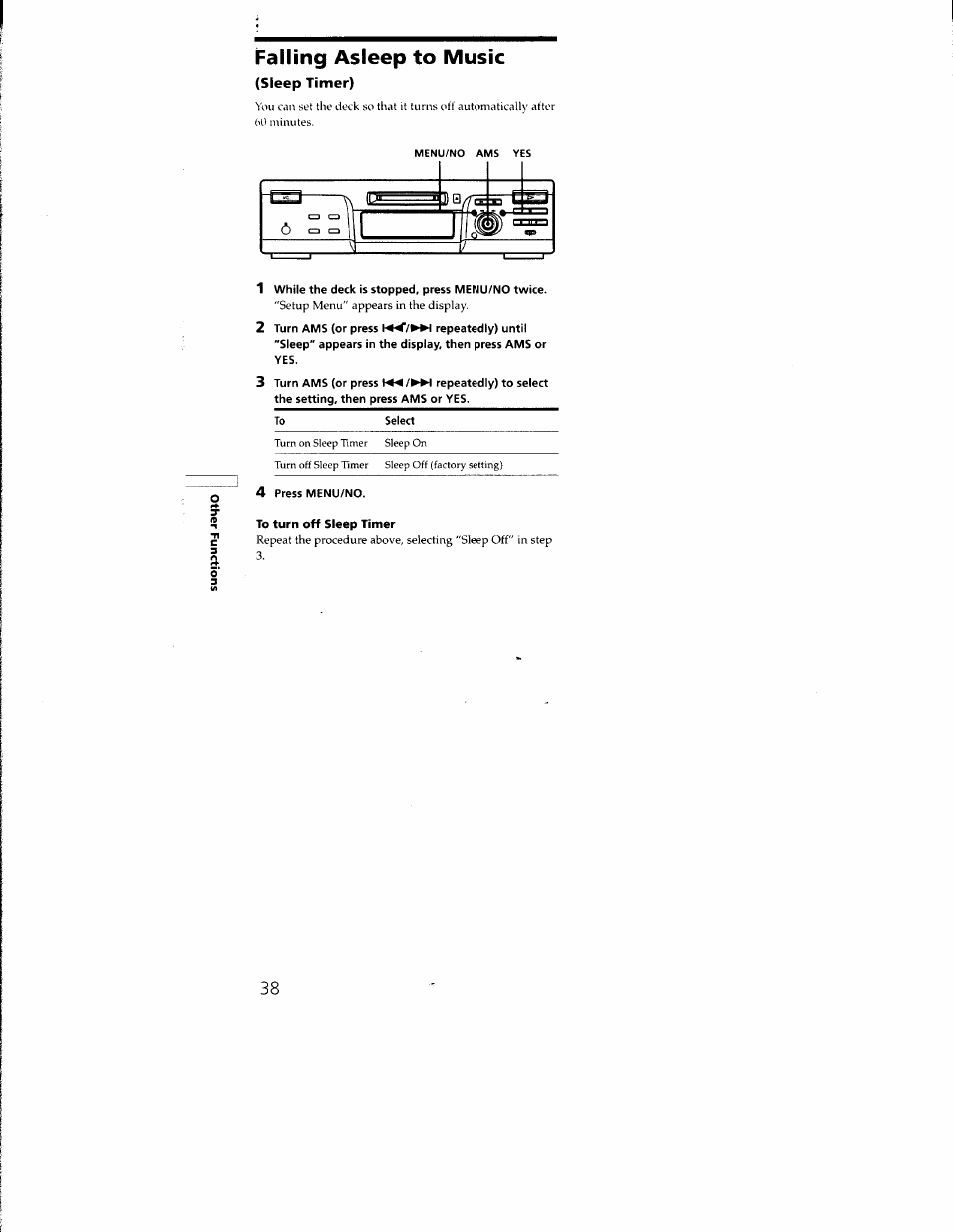 Falling asleep to music | Sony MDS-M100 User Manual | Page 38 / 46