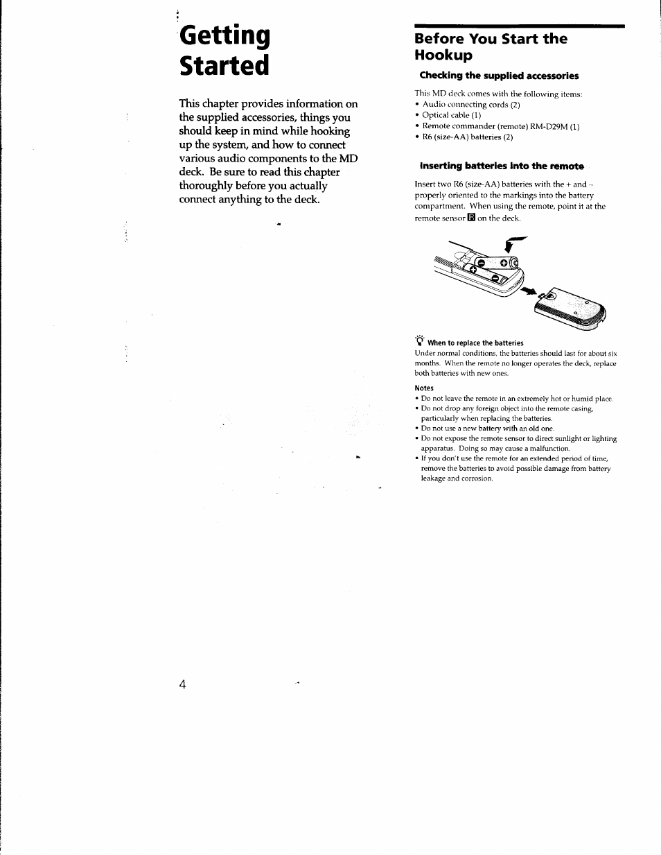 Getting, Started, Before you start the hookup | Checking the supplied accessories, Inserting batteries into the remote, 9 when to replace the batteries, Notes, Getting started | Sony MDS-M100 User Manual | Page 4 / 46