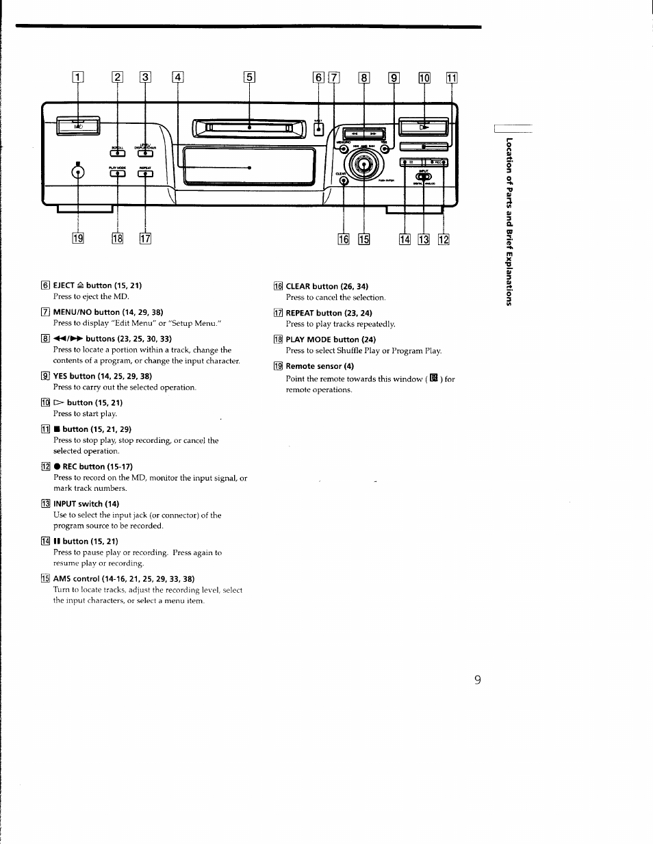 H] eject ^button (15,21), Button (15,21,29), Ams control (14-16, 21, 25, 29, 33. 38) | Sony MDS-M100 User Manual | Page 9 / 46