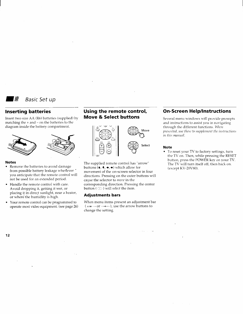 Inserting batteries, Notes, Using the remote control. move & select buttons | Adjustments bars, On-screen help/lnstructions, Note, On screen help/instructions, Basic set up | Sony KV-27V45 User Manual | Page 14 / 35