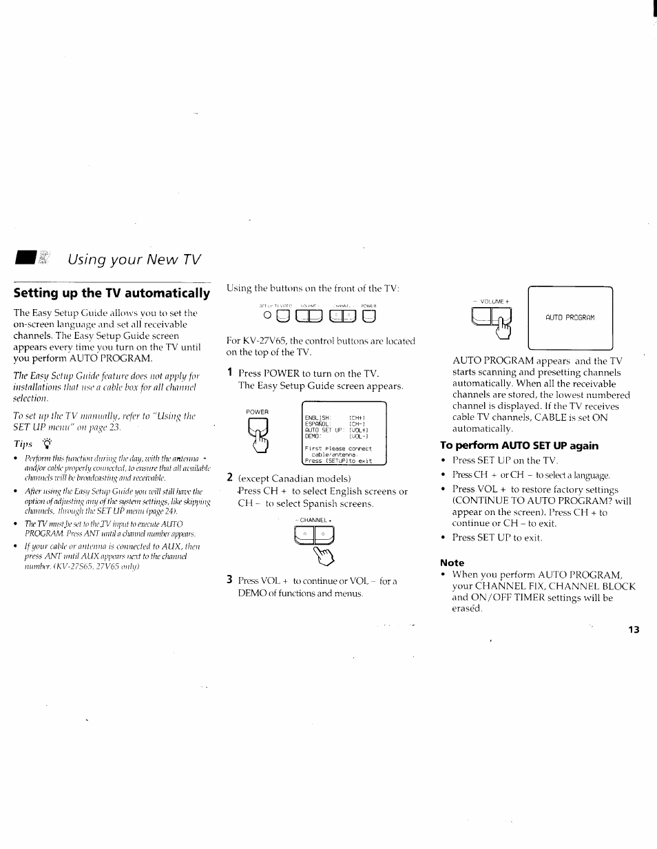 Setting up the tv automatically, To perform auto set up again, Note | Using your new tv, O oqp ¿bq | Sony KV-27V45 User Manual | Page 15 / 35