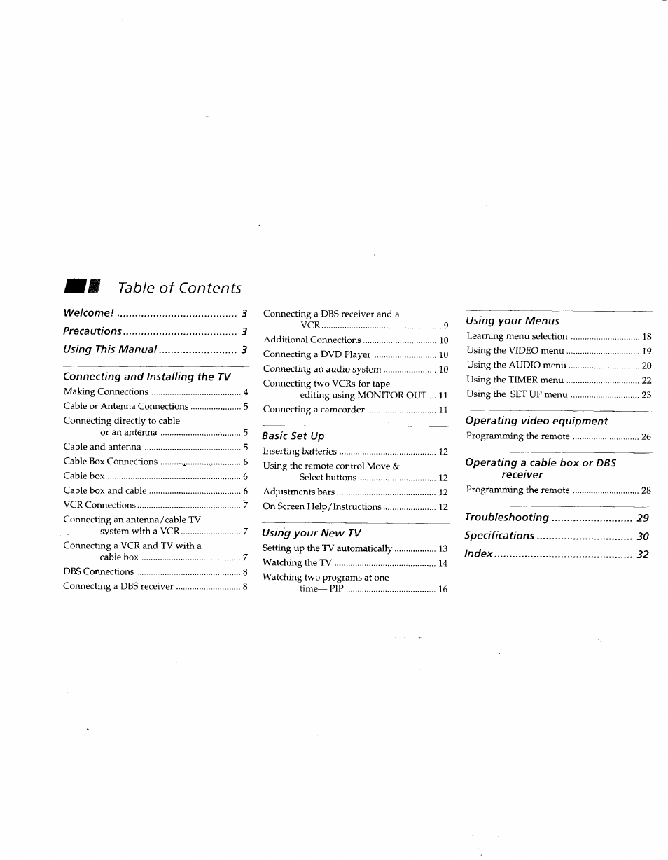 Mmm table of contents | Sony KV-27V45 User Manual | Page 2 / 35