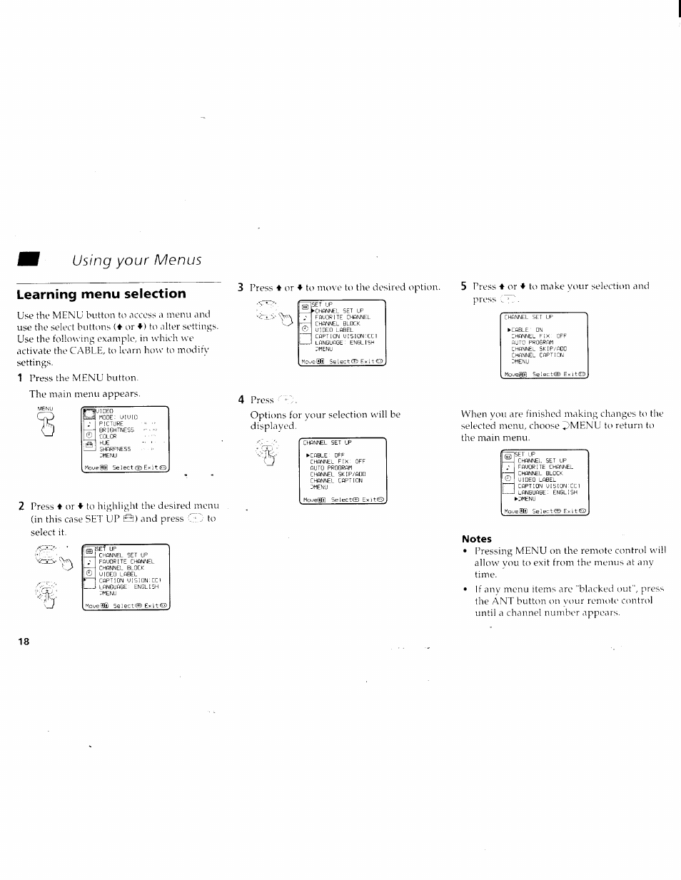 Learning menu selection, Notes, Using your menus | Sony KV-27V45 User Manual | Page 20 / 35