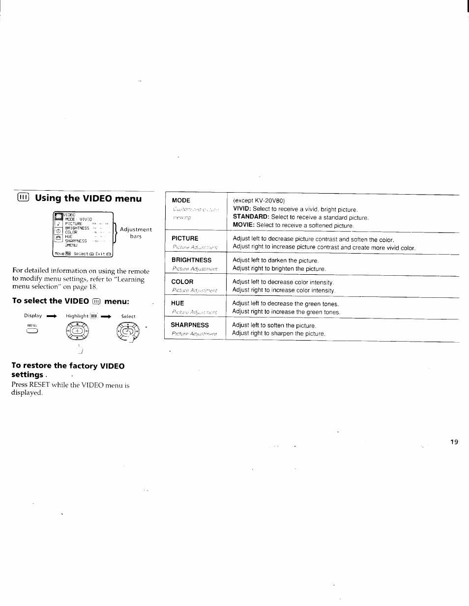 Hid using the video menu, To select the video [lu] menu, To restore the factory video settings | Using the video menu | Sony KV-27V45 User Manual | Page 21 / 35