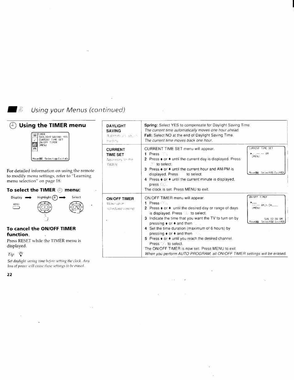 Using your menus (continued), Using the timer menu | Sony KV-27V45 User Manual | Page 24 / 35