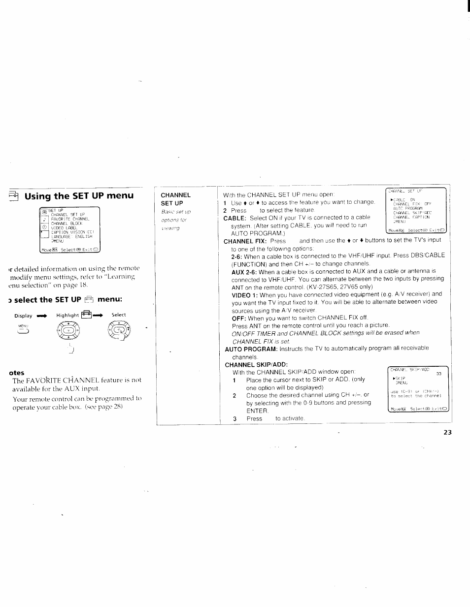 Using the set up menu, 3 select the set up menu | Sony KV-27V45 User Manual | Page 25 / 35