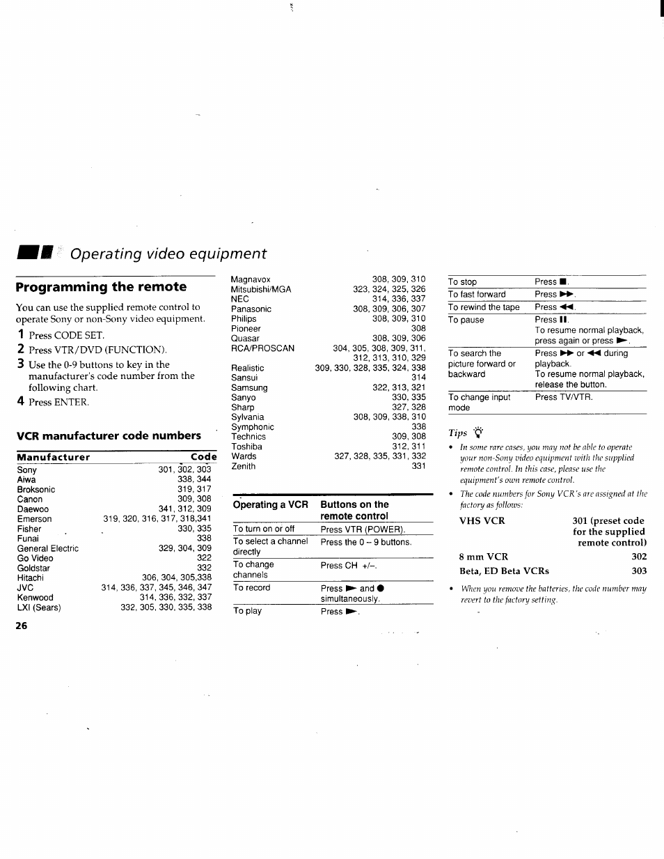Programming the remote, Vcr manufacturer code numbers, Manufacturer | Ш operating video equipment | Sony KV-27V45 User Manual | Page 28 / 35