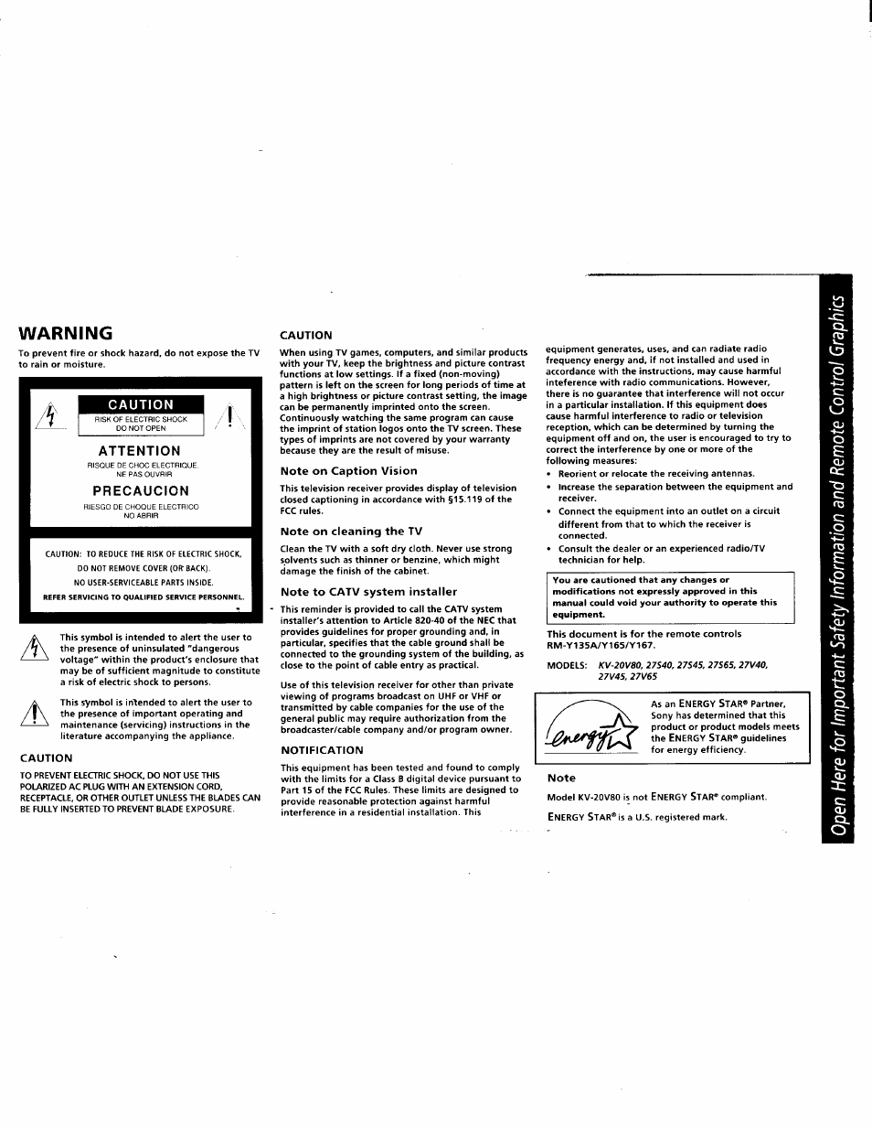 Warning, Caution, Attention | Precaucion | Sony KV-27V45 User Manual | Page 3 / 35
