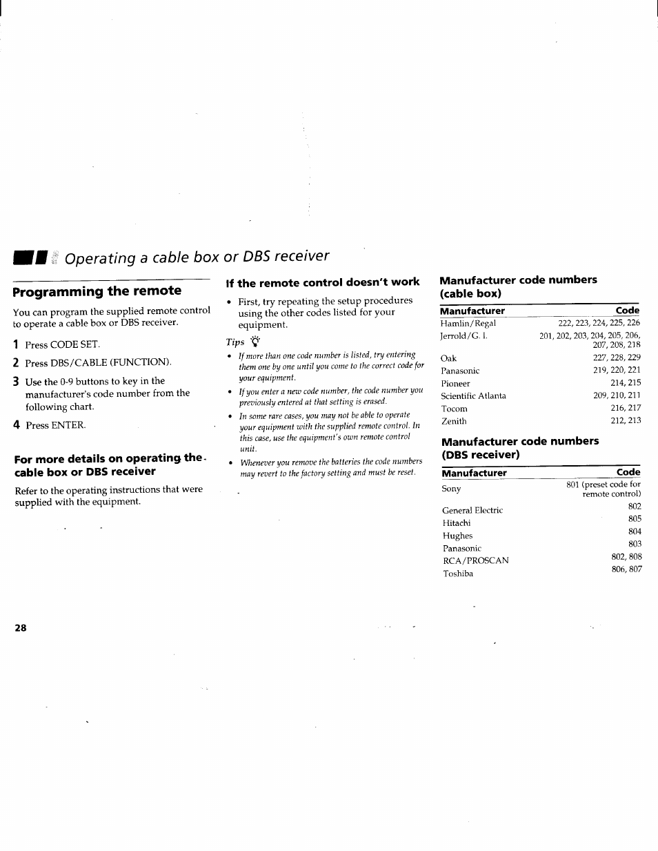 Programming the remote, Manufacturer code numbers (cable box), Operating a cable box or dbs receiver | If the remote control doesn't work, Manufacturer code numbers (dbs receiver) | Sony KV-27V45 User Manual | Page 30 / 35