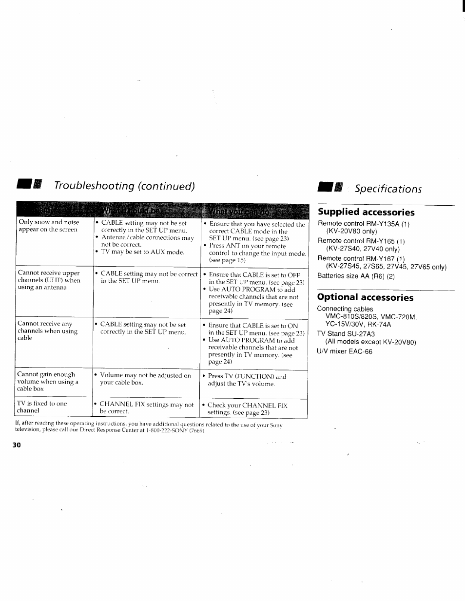 Supplied accessories, Optional accessories, Troubleshooting (continued) w specifications | Sony KV-27V45 User Manual | Page 32 / 35