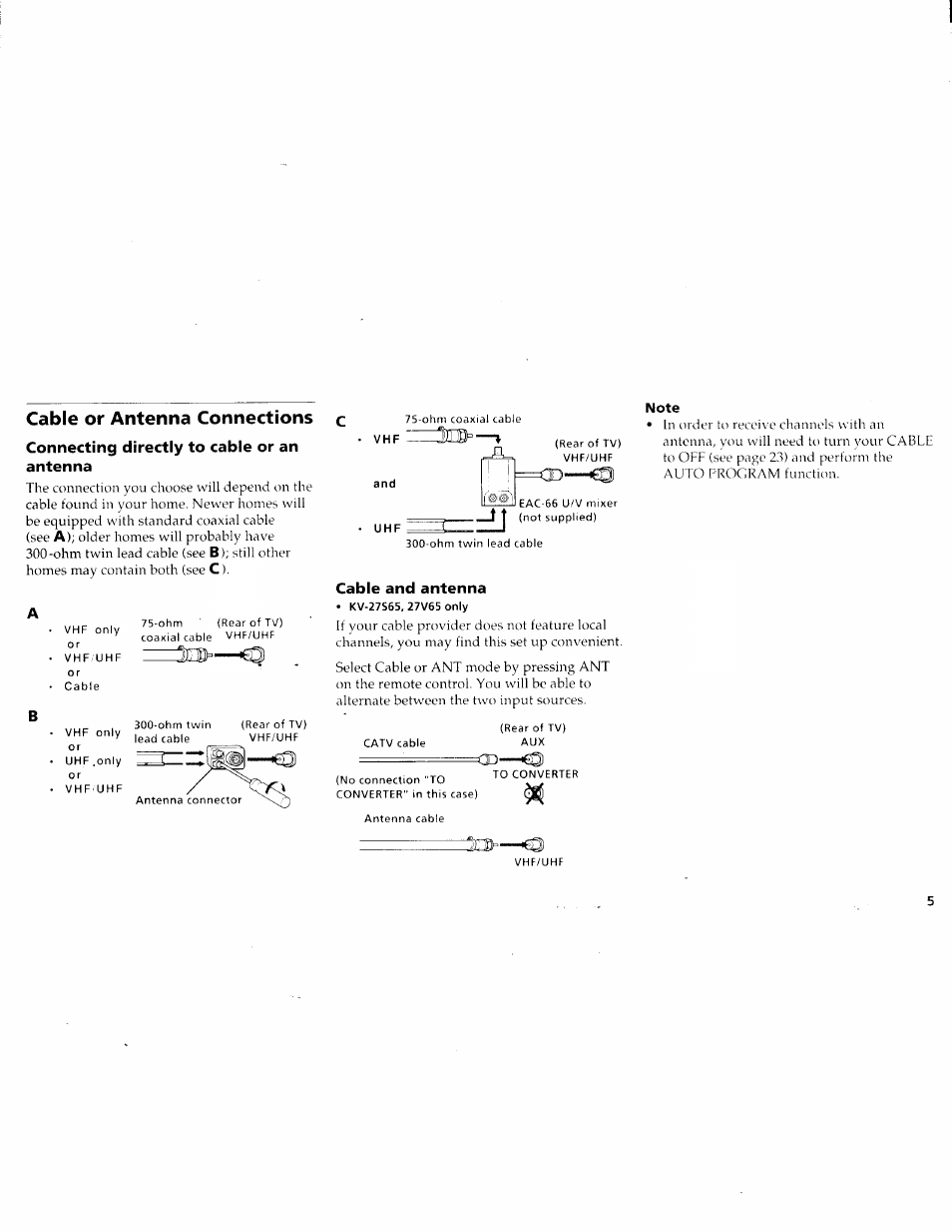 Cable or antenna connections c, Connecting directly to cable or an antenna, Note | Cable and antenna, Cable or antenna connections | Sony KV-27V45 User Manual | Page 7 / 35