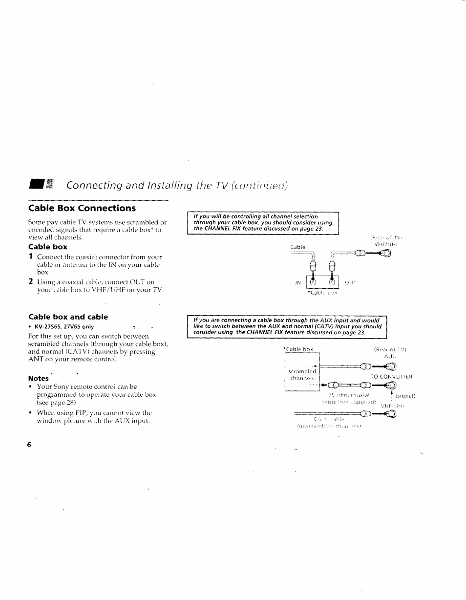 Cable box connections, Cable box, Cable box and cable | Notes, Connecting and installing the tv (continuedy | Sony KV-27V45 User Manual | Page 8 / 35