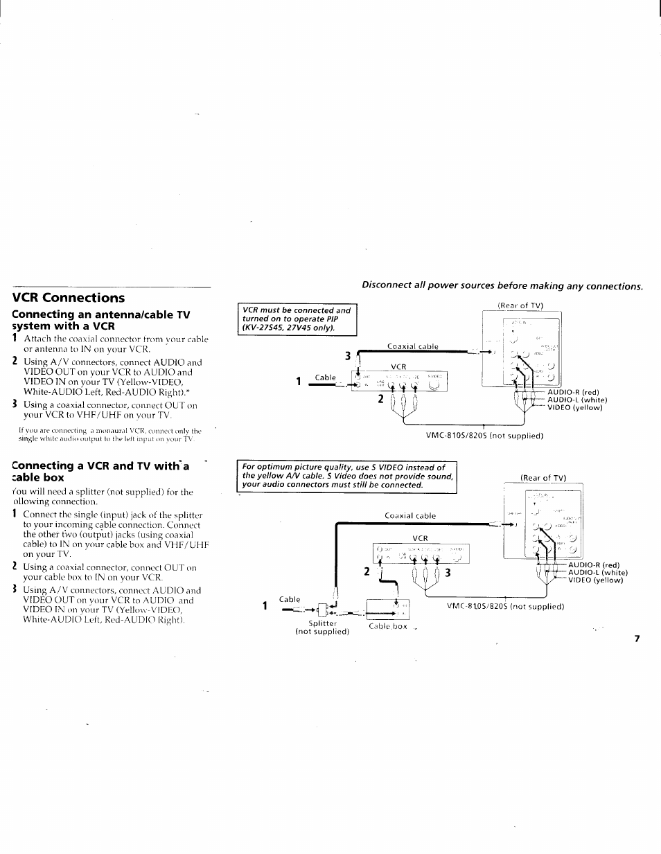 Connecting an antenna/cable tv system with a vcr, Connecting a vcr and tv with'a cable box, Vcr connections | Sony KV-27V45 User Manual | Page 9 / 35