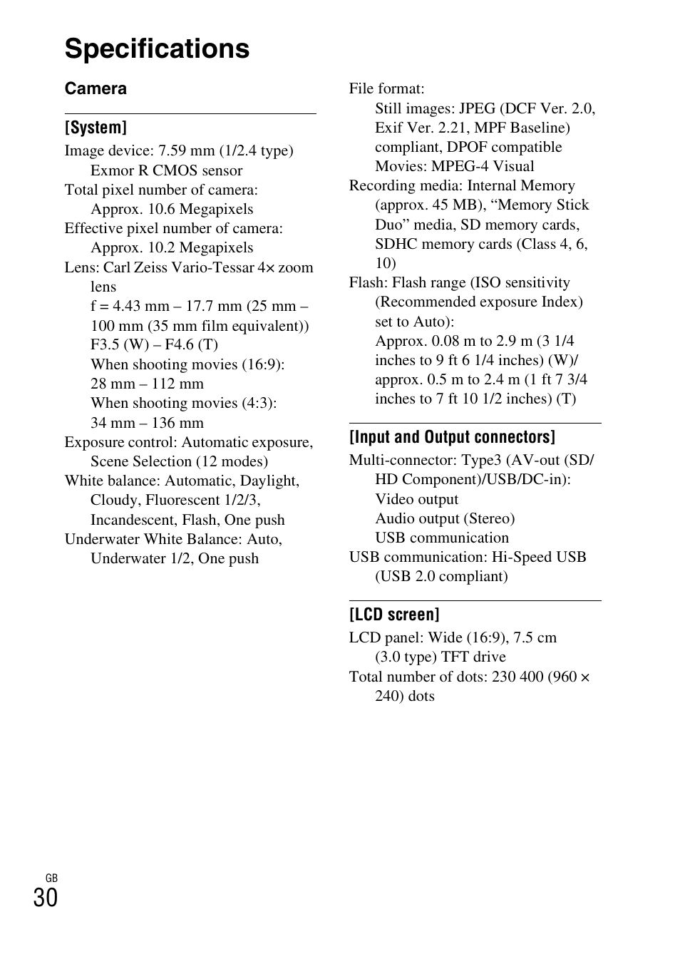 Specifications | Sony DSC-TX5 User Manual | Page 30 / 64