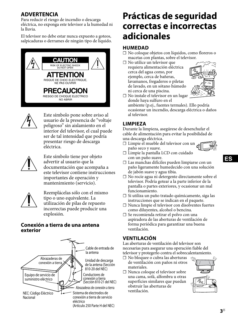 Attention, Precaucion, Advertencia | Caution, Conexión a tierra de una antena exterior | Sony KDL-46BX421 User Manual | Page 15 / 20