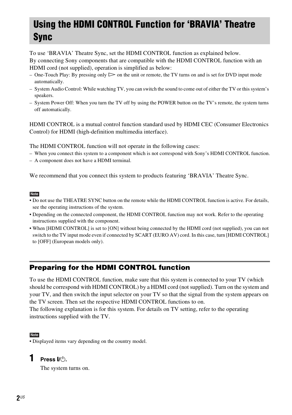 Preparing for the hdmi control function | Sony DAV-HDX265 User Manual | Page 2 / 12
