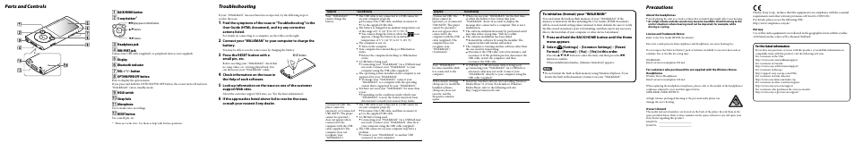 Parts and controls, Troubleshooting, Precautions | Sony NWZ-S764WHI User Manual | Page 2 / 2