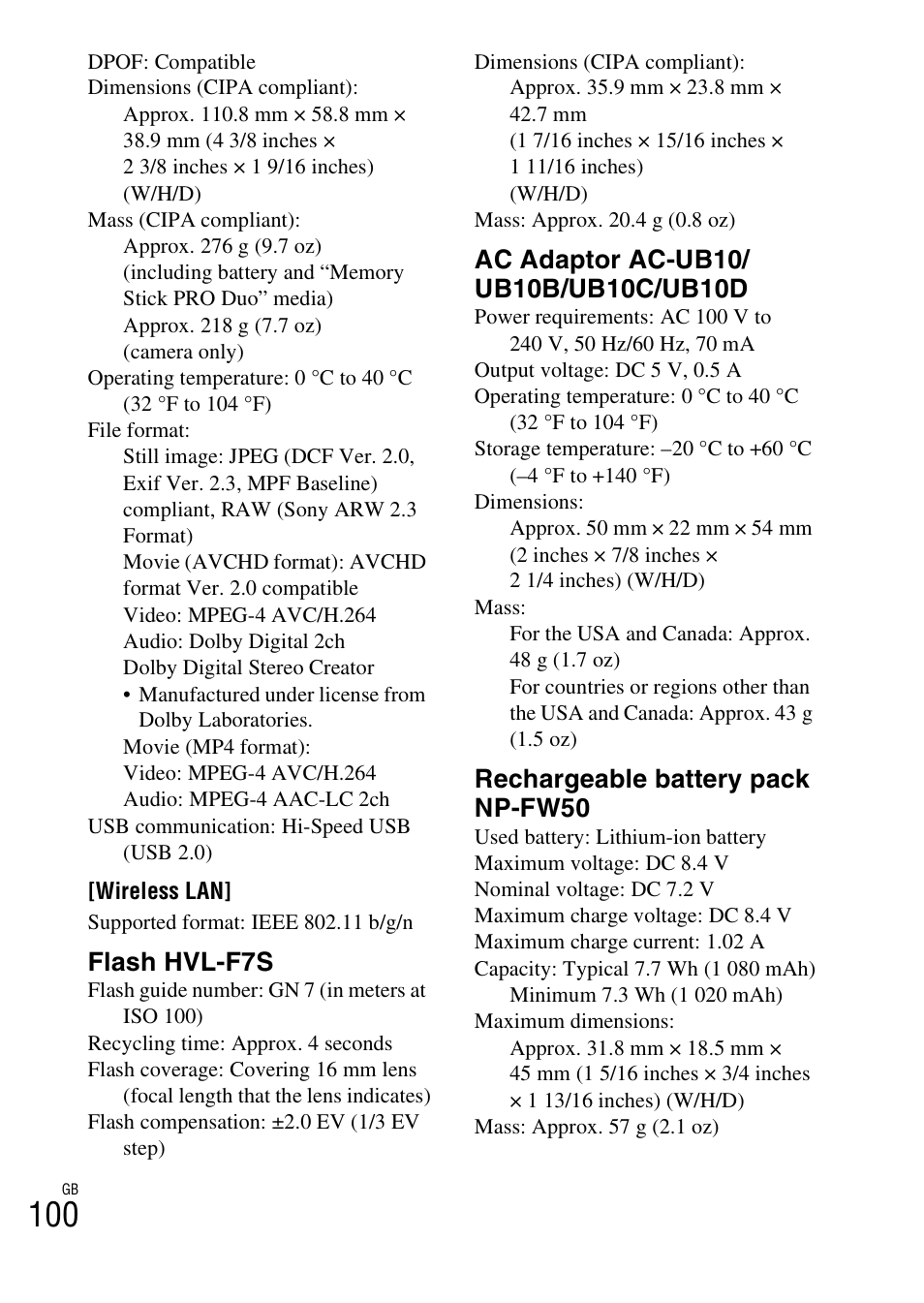 Flash hvl-f7s, Rechargeable battery pack np-fw50 | Sony NEX-5R User Manual | Page 100 / 107