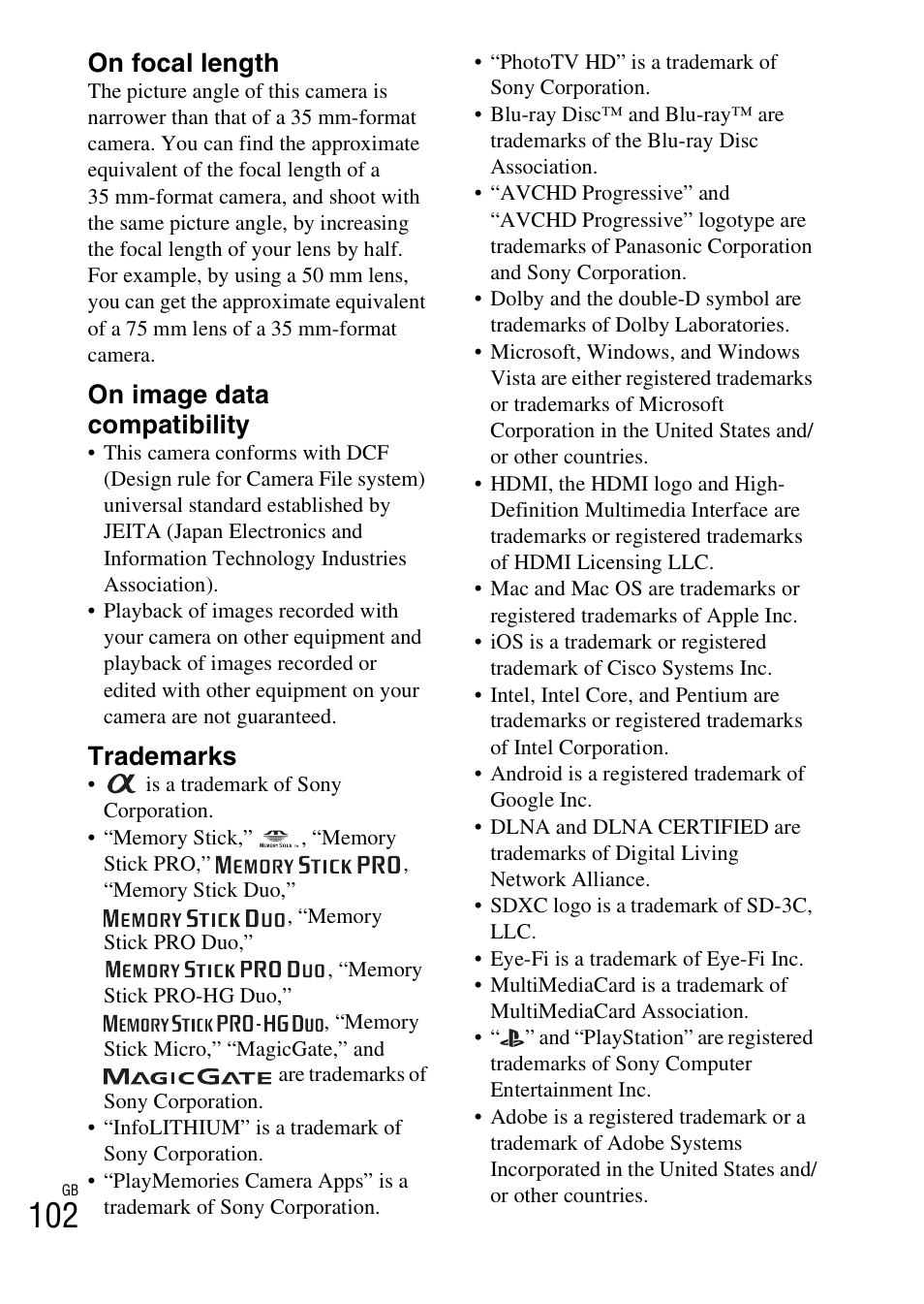 On focal length, On image data compatibility, Trademarks | Sony NEX-5R User Manual | Page 102 / 107