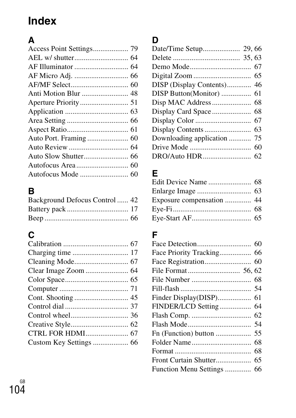 Index, 104 index | Sony NEX-5R User Manual | Page 104 / 107