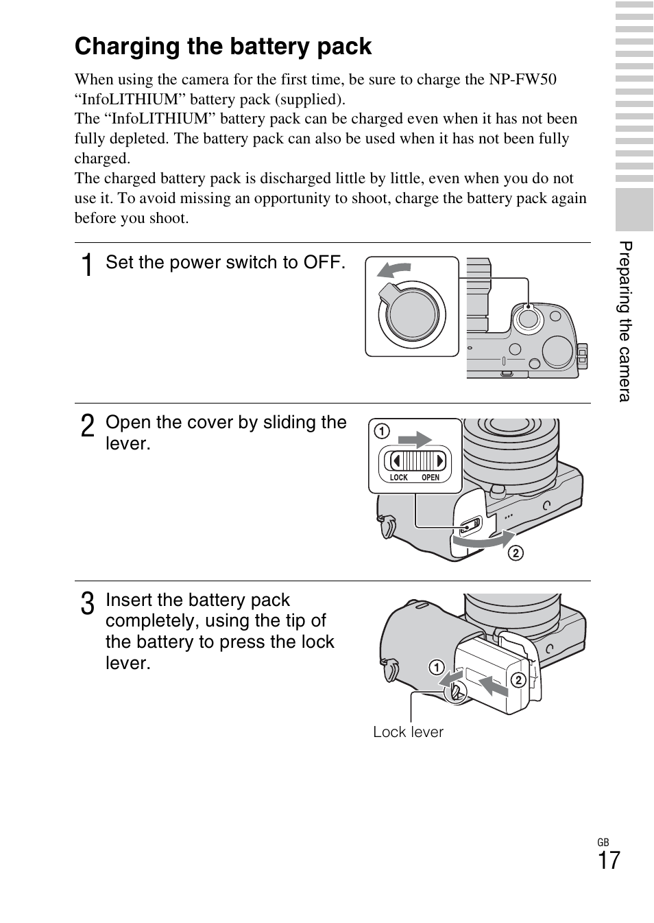 Charging the battery pack | Sony NEX-5R User Manual | Page 17 / 107