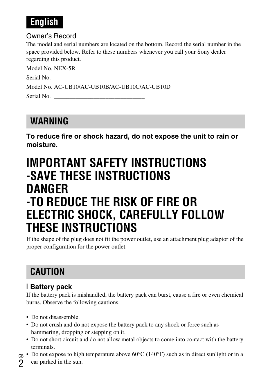 English warning caution | Sony NEX-5R User Manual | Page 2 / 107