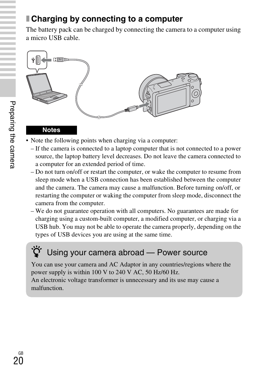 Xcharging by connecting to a computer, Using your camera abroad — power source | Sony NEX-5R User Manual | Page 20 / 107