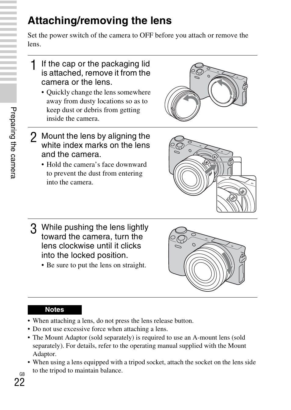 Attaching/removing the lens | Sony NEX-5R User Manual | Page 22 / 107