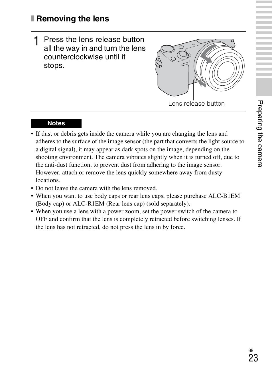 Ton (23), Xremoving the lens | Sony NEX-5R User Manual | Page 23 / 107