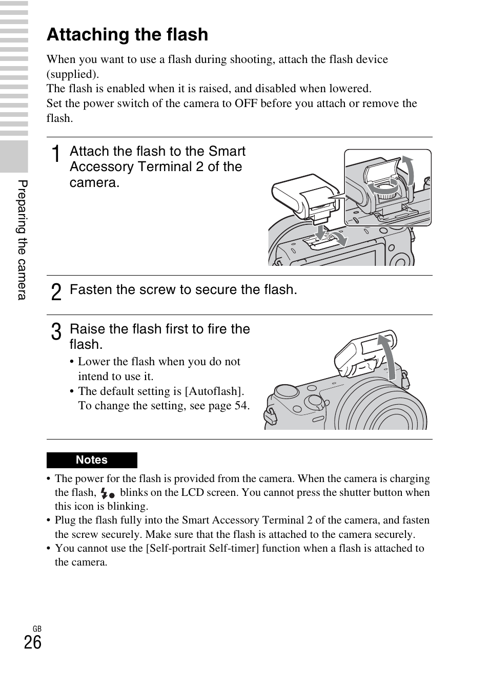 Attaching the flash | Sony NEX-5R User Manual | Page 26 / 107