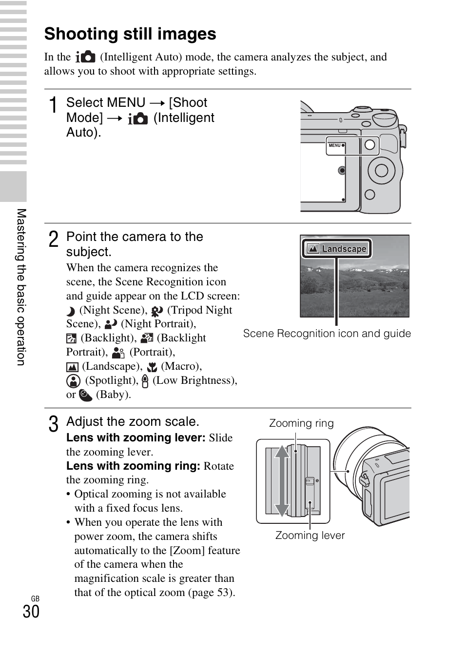 Mastering the basic operation, Shooting still images | Sony NEX-5R User Manual | Page 30 / 107