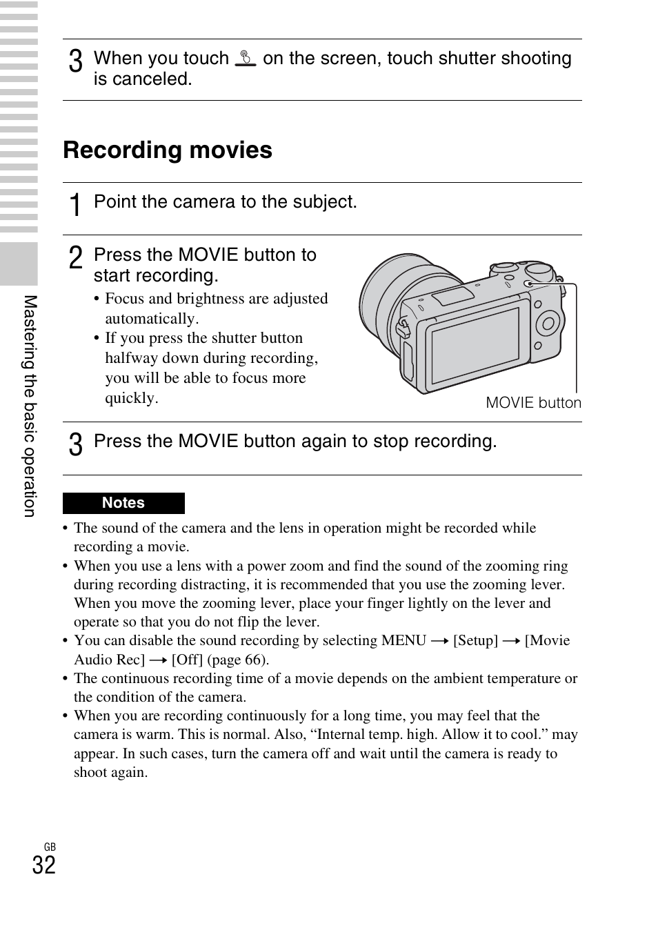 Recording movies | Sony NEX-5R User Manual | Page 32 / 107