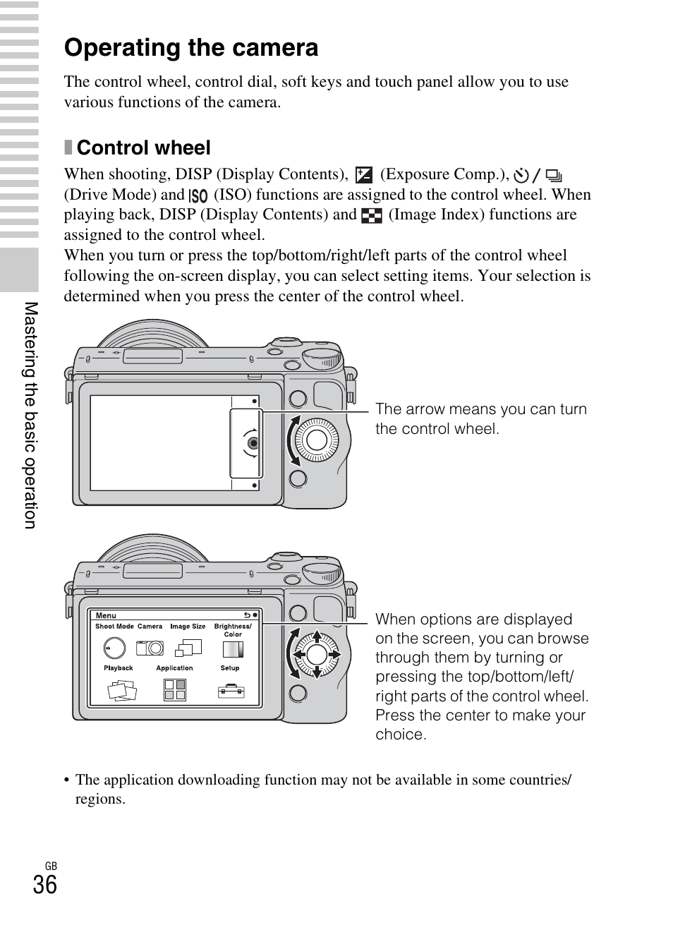 Operating the camera, Xcontrol wheel | Sony NEX-5R User Manual | Page 36 / 107