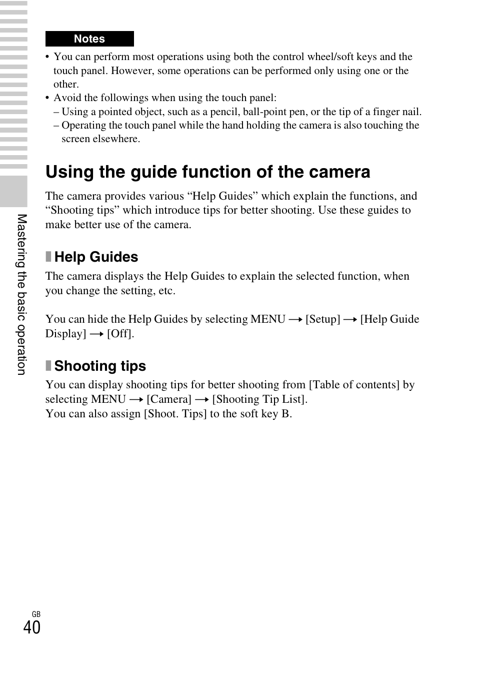 Using the guide function of the camera, Xhelp guides, Xshooting tips | Sony NEX-5R User Manual | Page 40 / 107