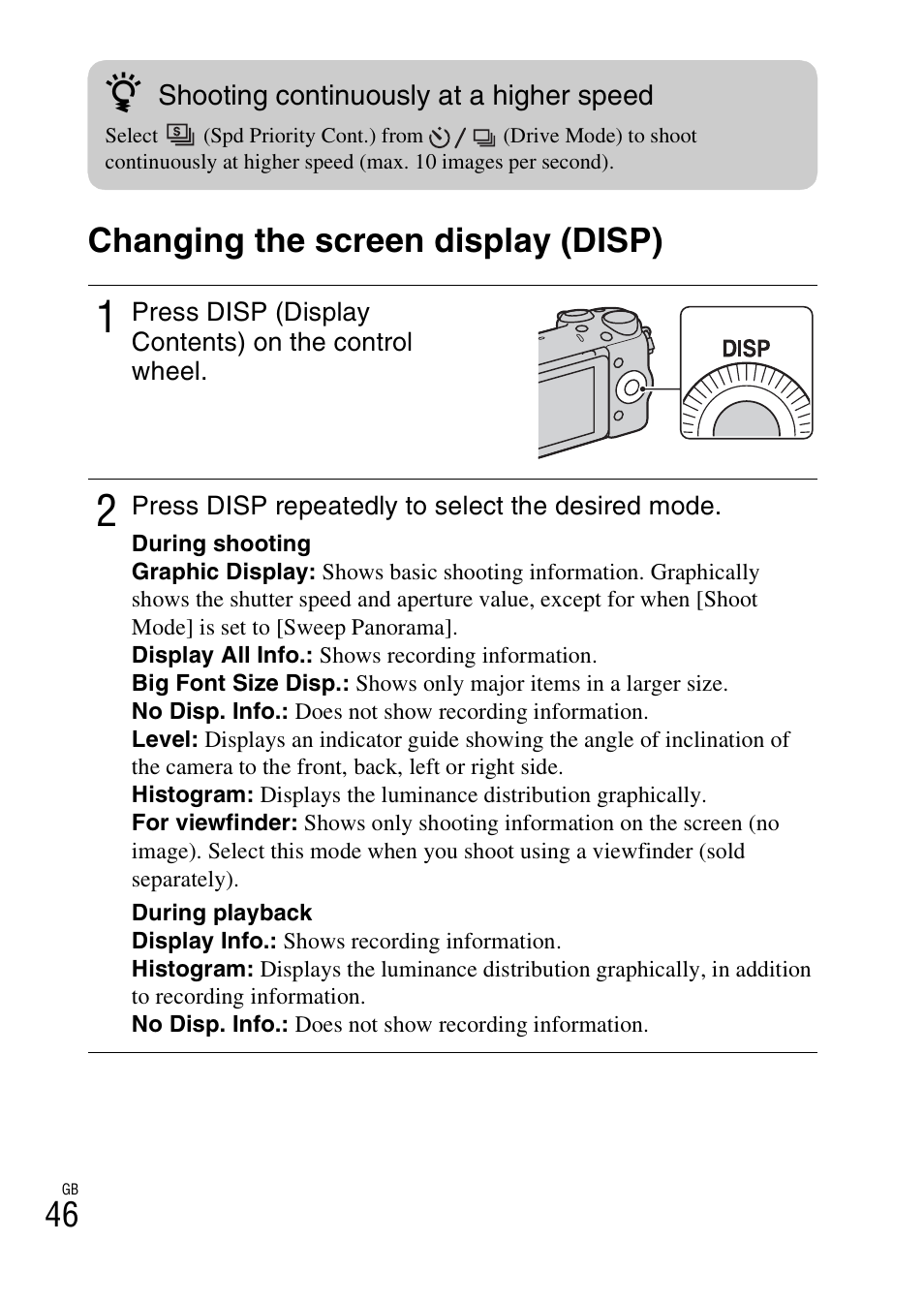 Changing the screen display (disp), 46 changing the screen display (disp) | Sony NEX-5R User Manual | Page 46 / 107