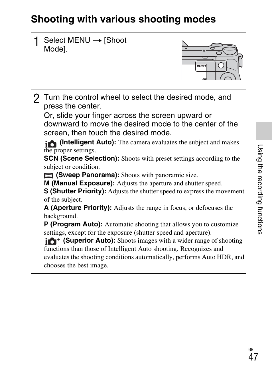 Shooting with various shooting modes | Sony NEX-5R User Manual | Page 47 / 107