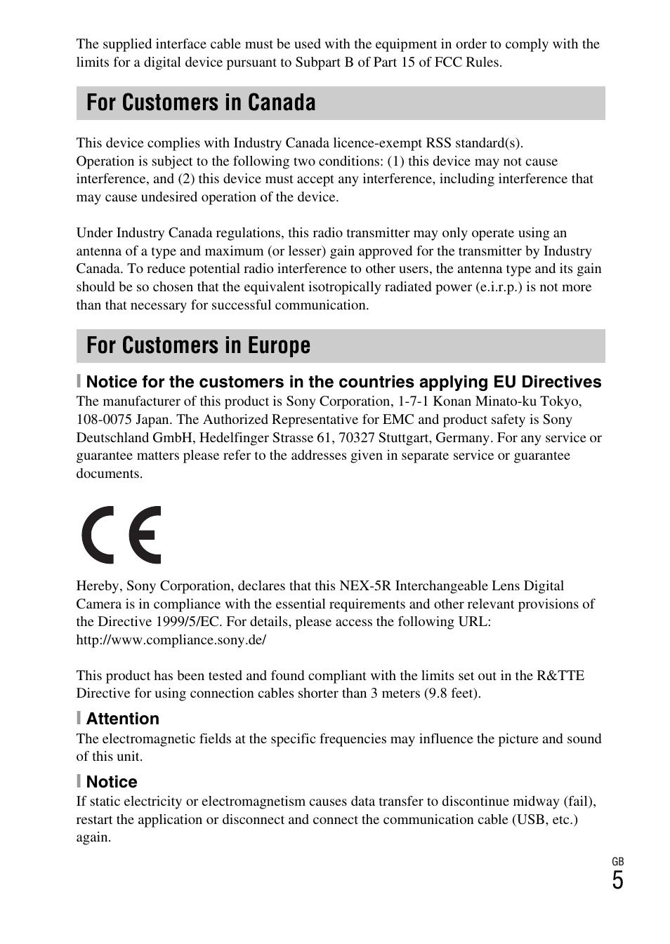 For customers in canada for customers in europe | Sony NEX-5R User Manual | Page 5 / 107