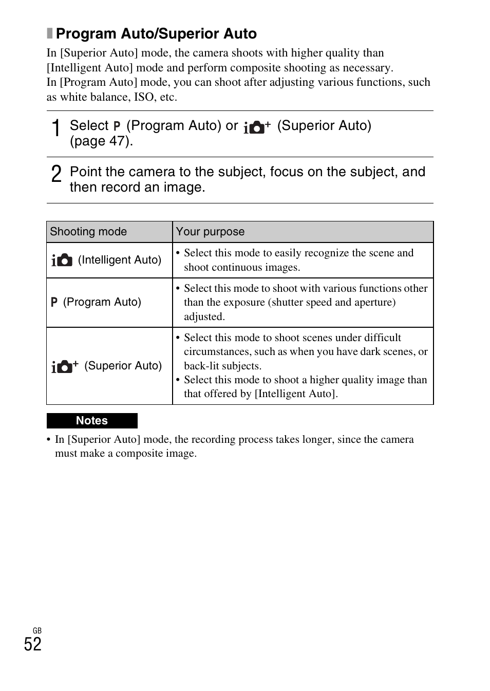 Xprogram auto/superior auto | Sony NEX-5R User Manual | Page 52 / 107