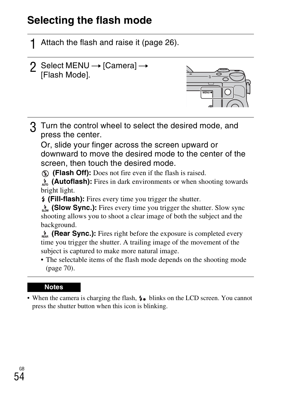Selecting the flash mode, 54 selecting the flash mode | Sony NEX-5R User Manual | Page 54 / 107