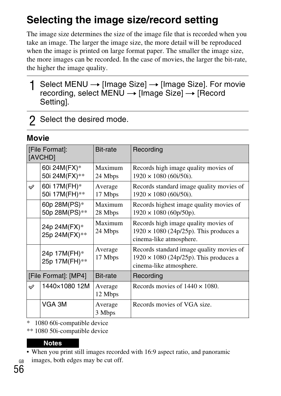 Selecting the image size/record setting, 56 selecting the image size/record setting | Sony NEX-5R User Manual | Page 56 / 107