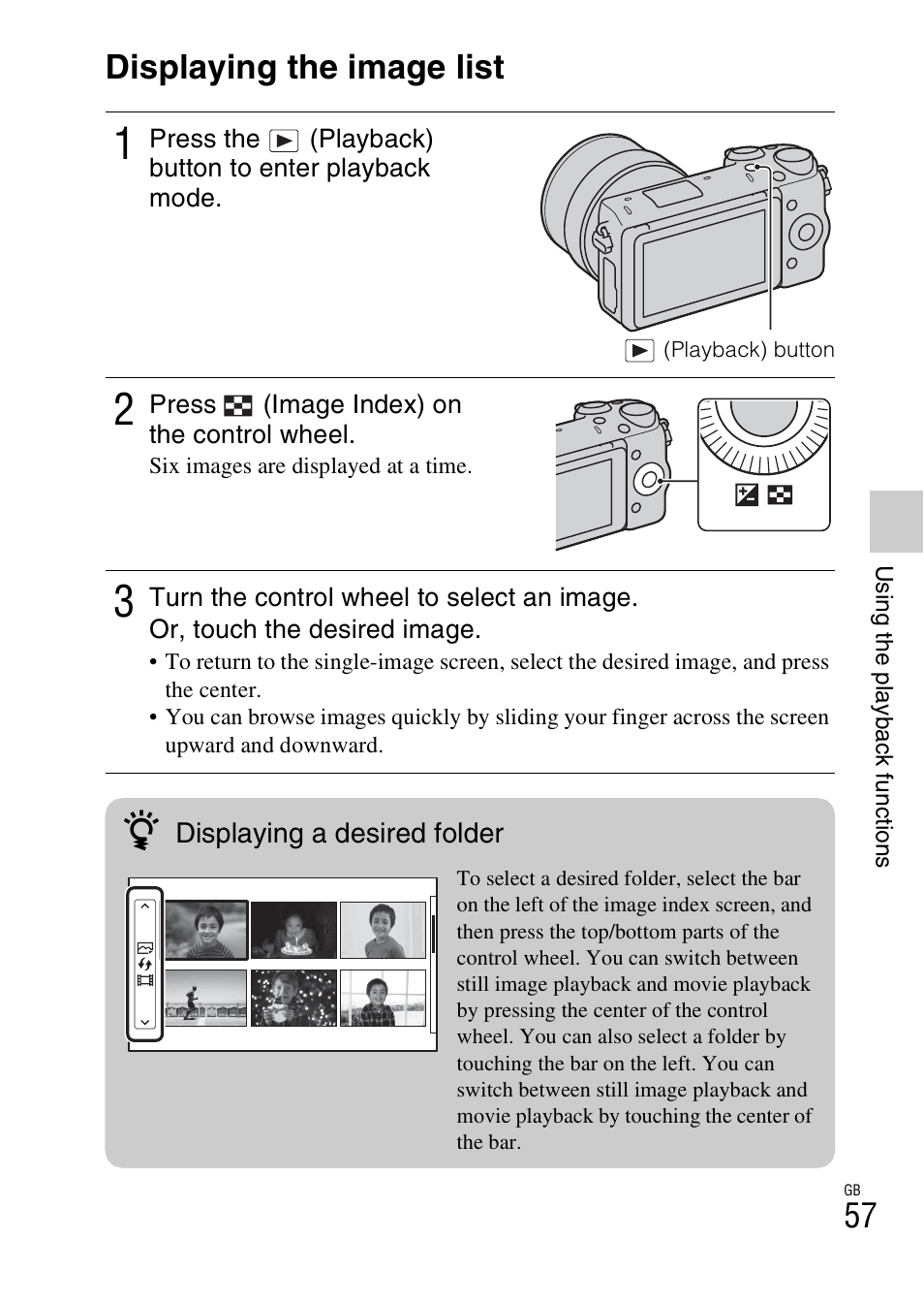 Using the playback functions, Displaying the image list | Sony NEX-5R User Manual | Page 57 / 107