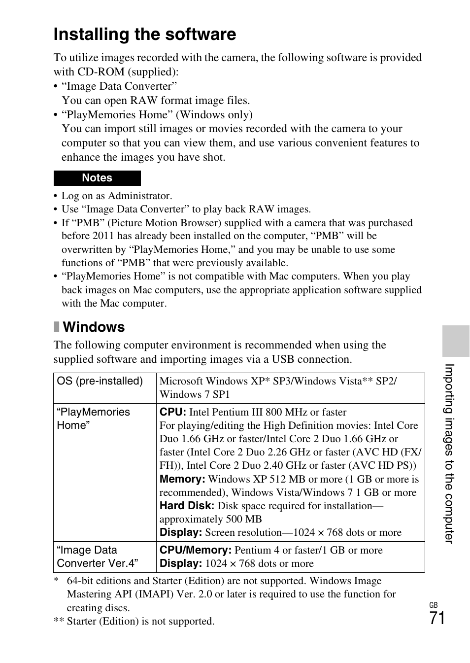 Importing images to the computer, Installing the software, Xwindows | Sony NEX-5R User Manual | Page 71 / 107