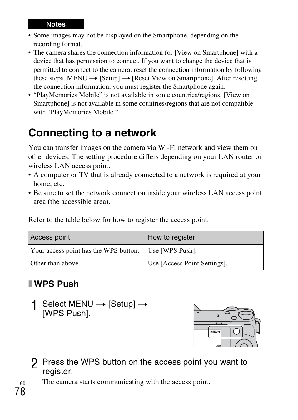 Connecting to a network, Xwps push | Sony NEX-5R User Manual | Page 78 / 107