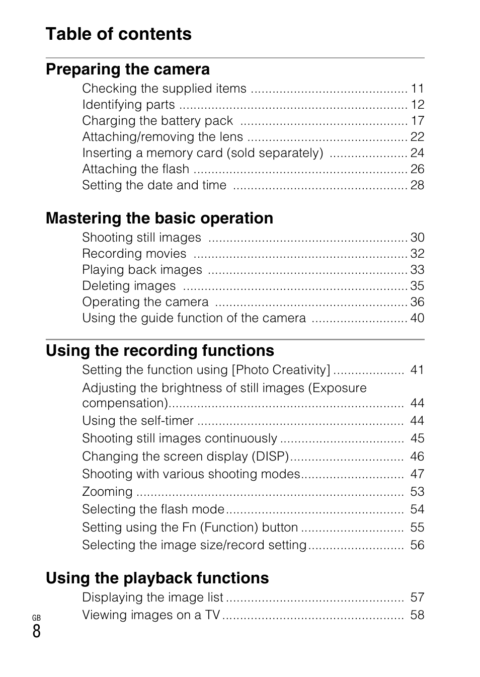 8table of contents, Preparing the camera, Mastering the basic operation | Using the recording functions, Using the playback functions | Sony NEX-5R User Manual | Page 8 / 107