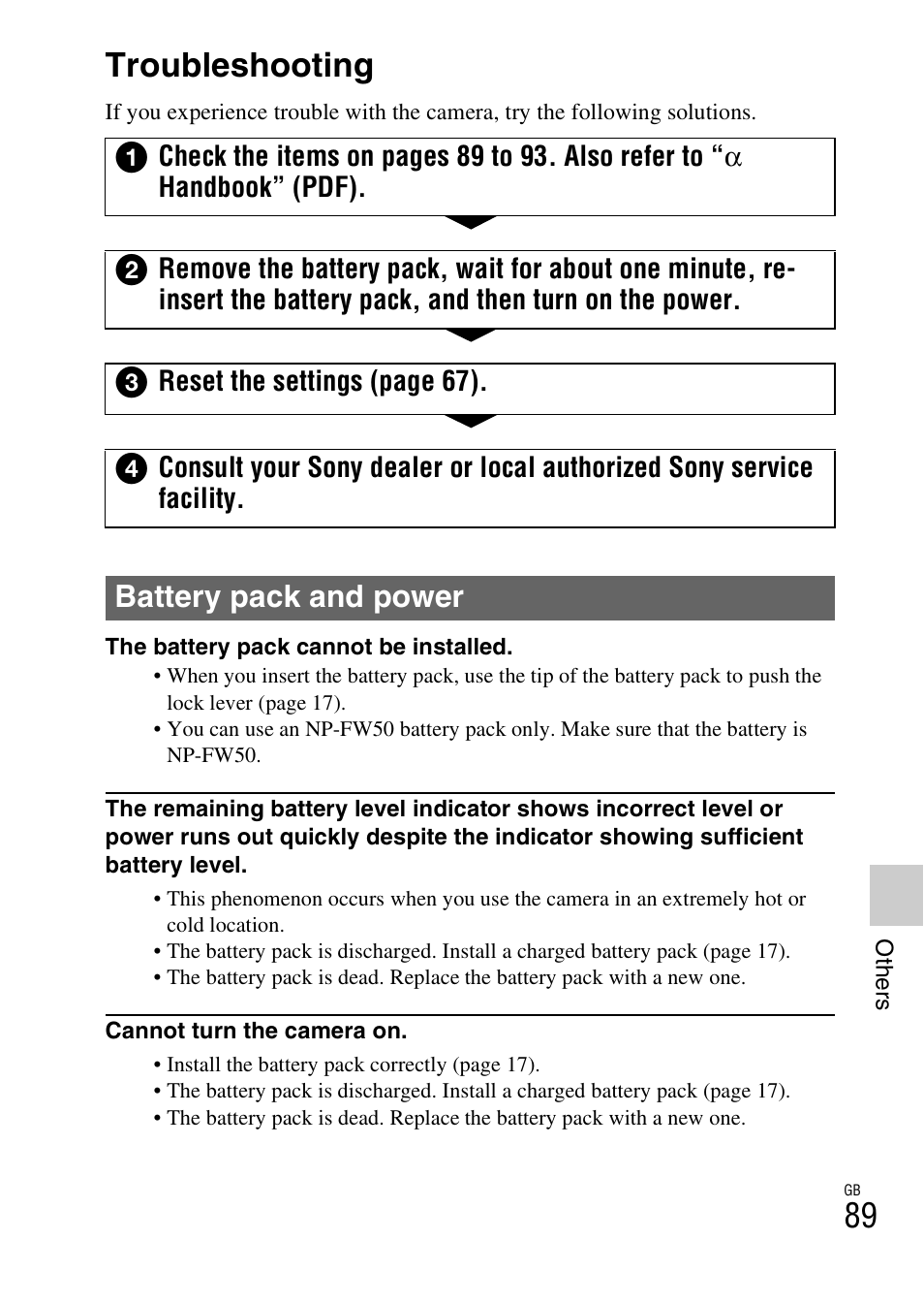 Troubleshooting, Battery pack and power | Sony NEX-5R User Manual | Page 89 / 107