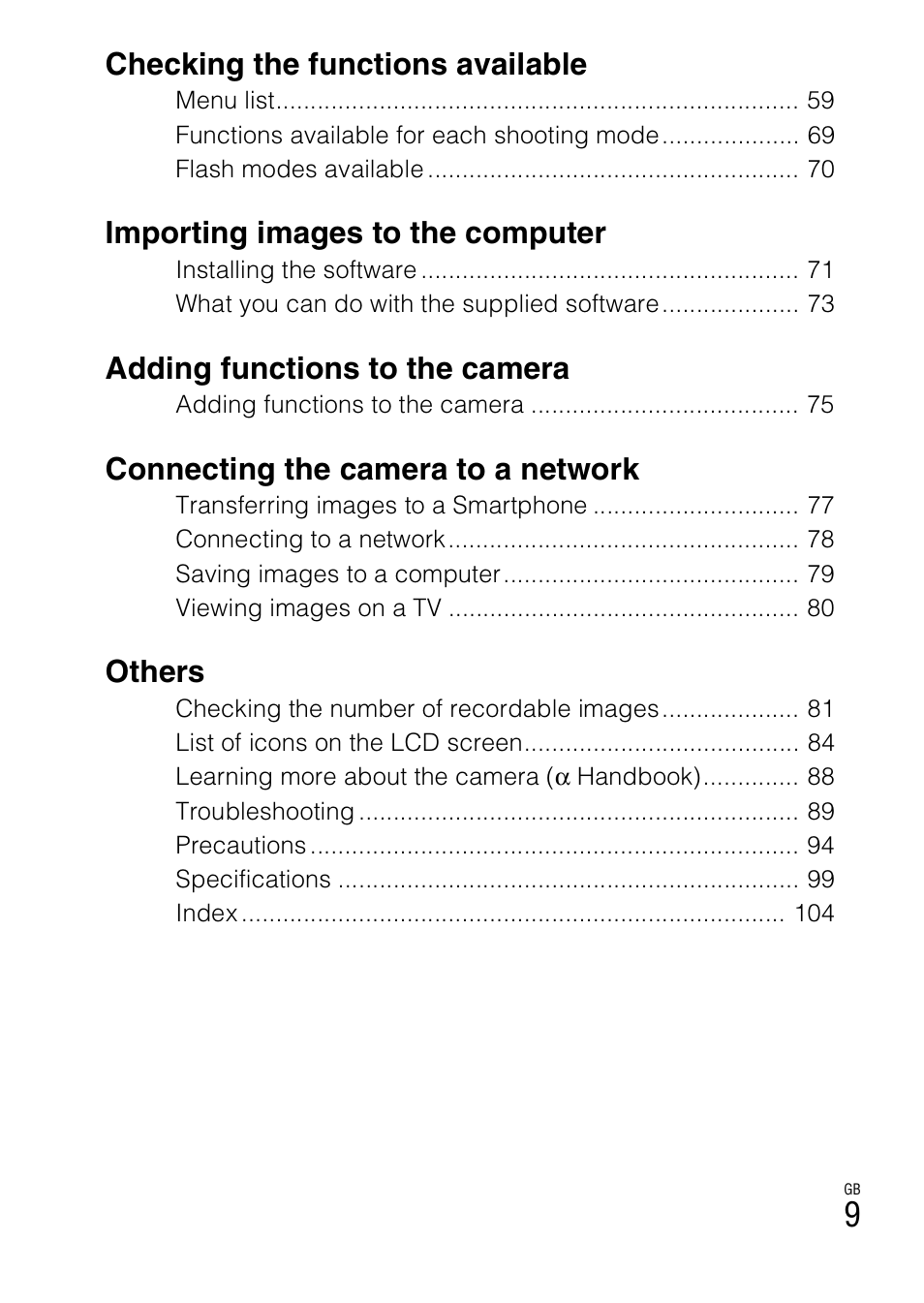 Checking the functions available, Importing images to the computer, Adding functions to the camera | Connecting the camera to a network, Others | Sony NEX-5R User Manual | Page 9 / 107