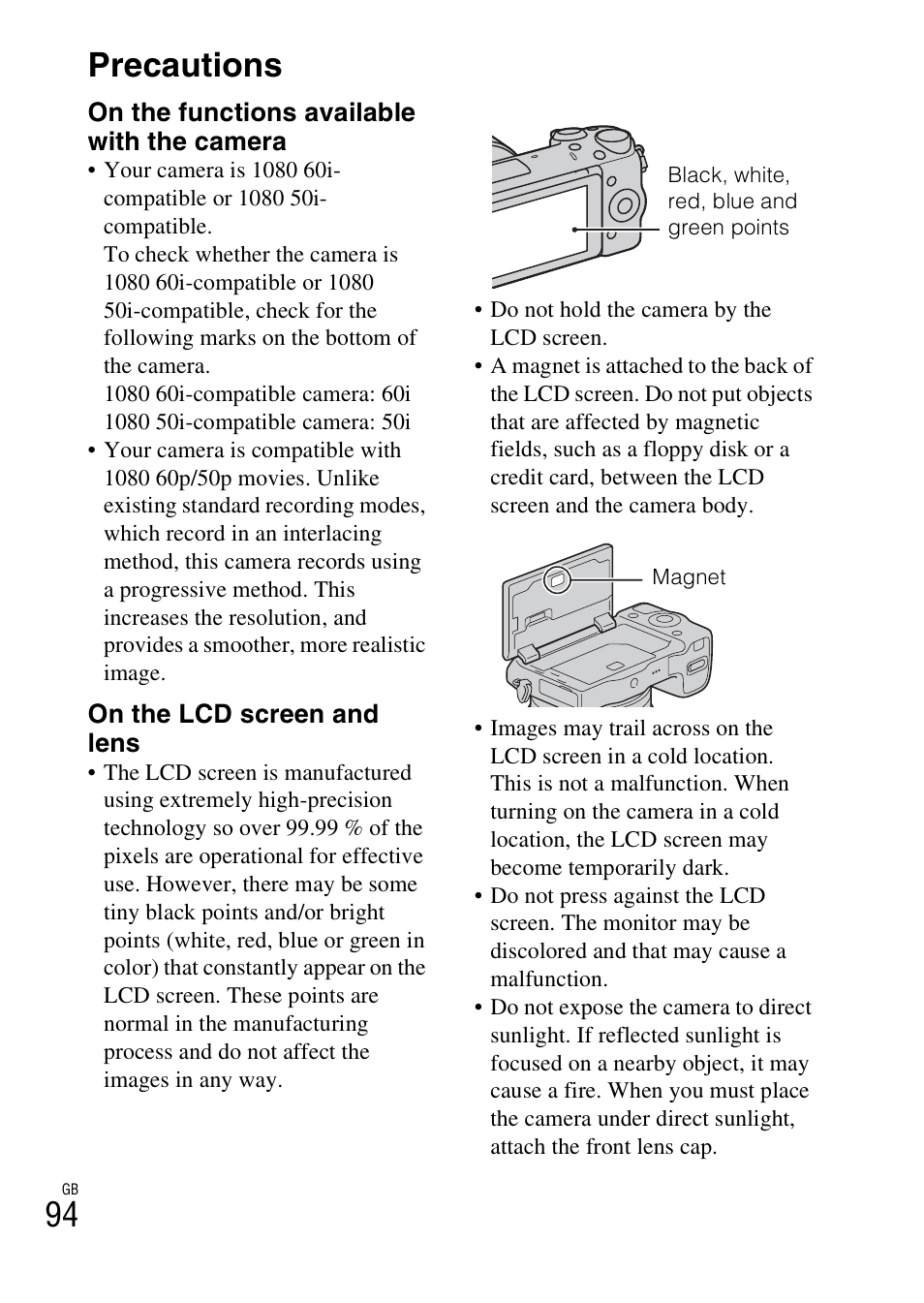 Precautions, 94 precautions | Sony NEX-5R User Manual | Page 94 / 107