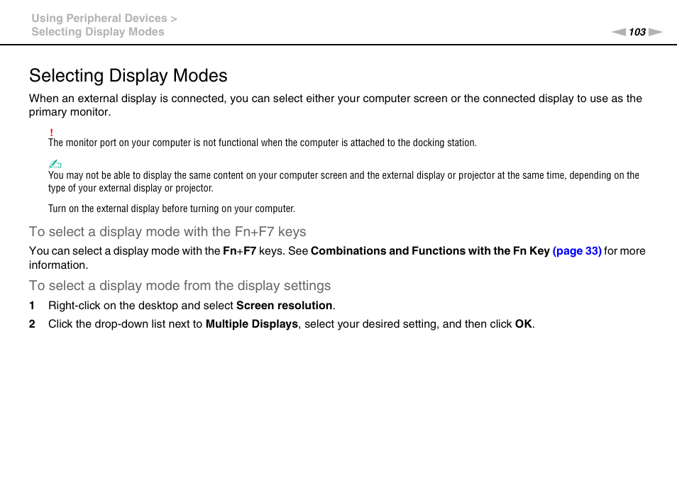 Selecting display modes | Sony VPCB1190X User Manual | Page 103 / 198
