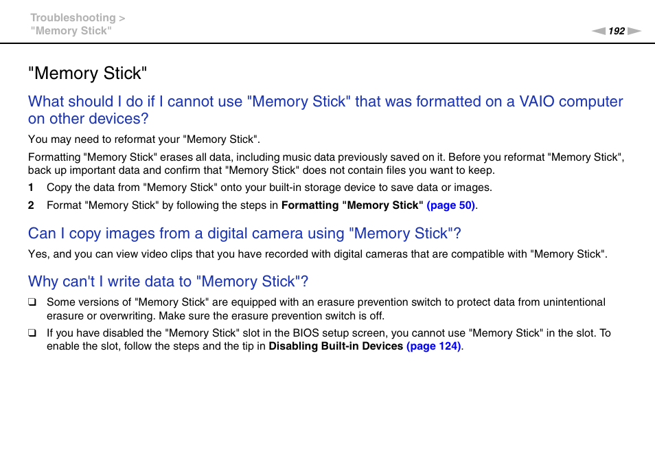 Memory stick | Sony VPCB1190X User Manual | Page 192 / 198