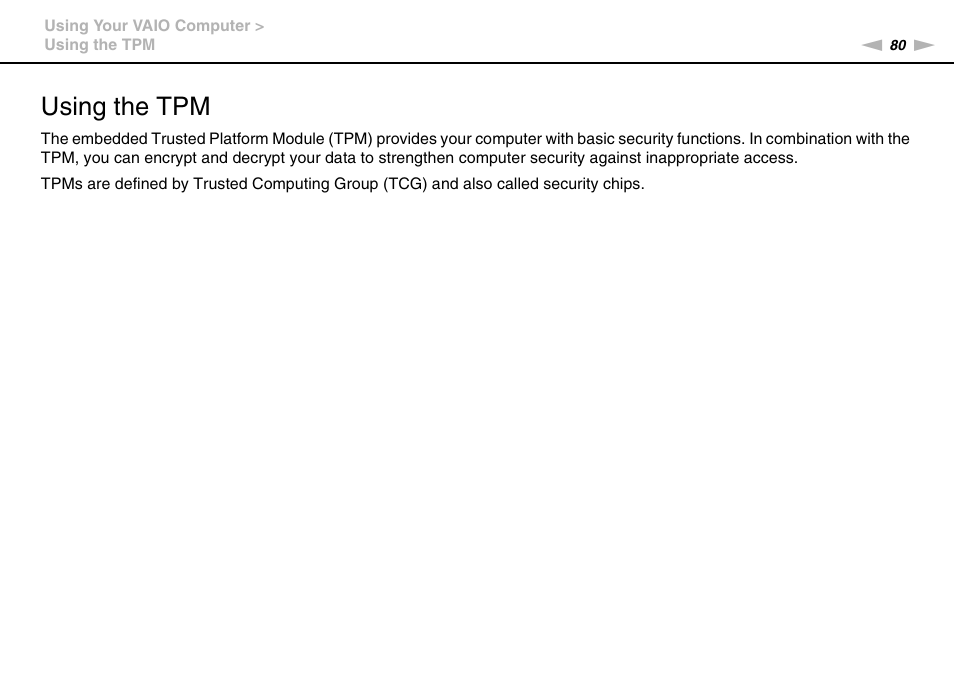 Using the tpm | Sony VPCB1190X User Manual | Page 80 / 198